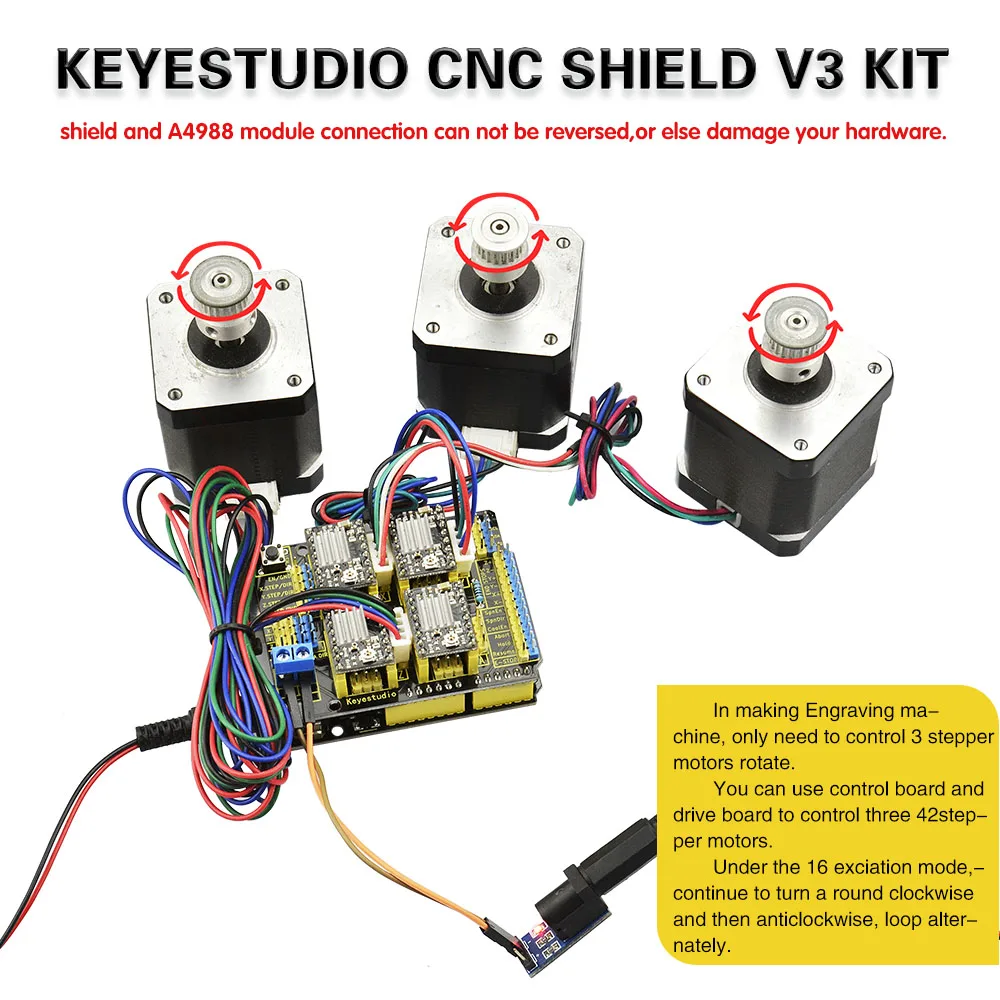 KEYESTUDIO CNC Kit CNC V3 Shield +UNOR3+ 4pcs DRV8825 driver /GRBL compatible For Arduino Engraving Machines 4-Axis Support