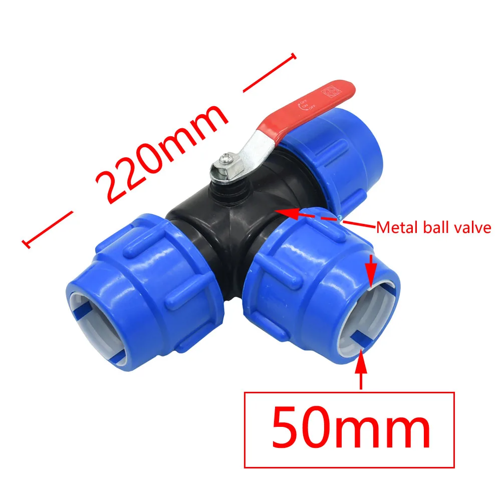 PE 3-Way Fast Connection Pipe Valve Plastic Ball Valve T-Type Water Splitte Internal Diameter 20/25/32/40/50mm Tube Accessories