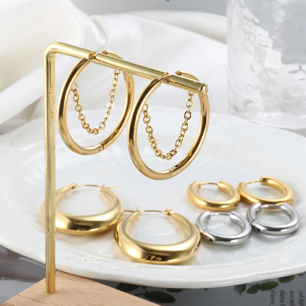 2PC /Set Stainless Steel Small Hoop Earrings for Women Golden Circle Thick Ear Ring Piercing Tassel With Chain Earrings Jewelry