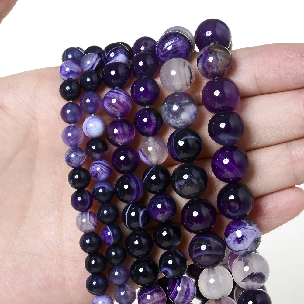 Natural Purple Smooth Agates Beads Round Stone Loose Beads for Jewelry Making DIY Bracelet Charm Accessories 4/6/8/10/12 MM