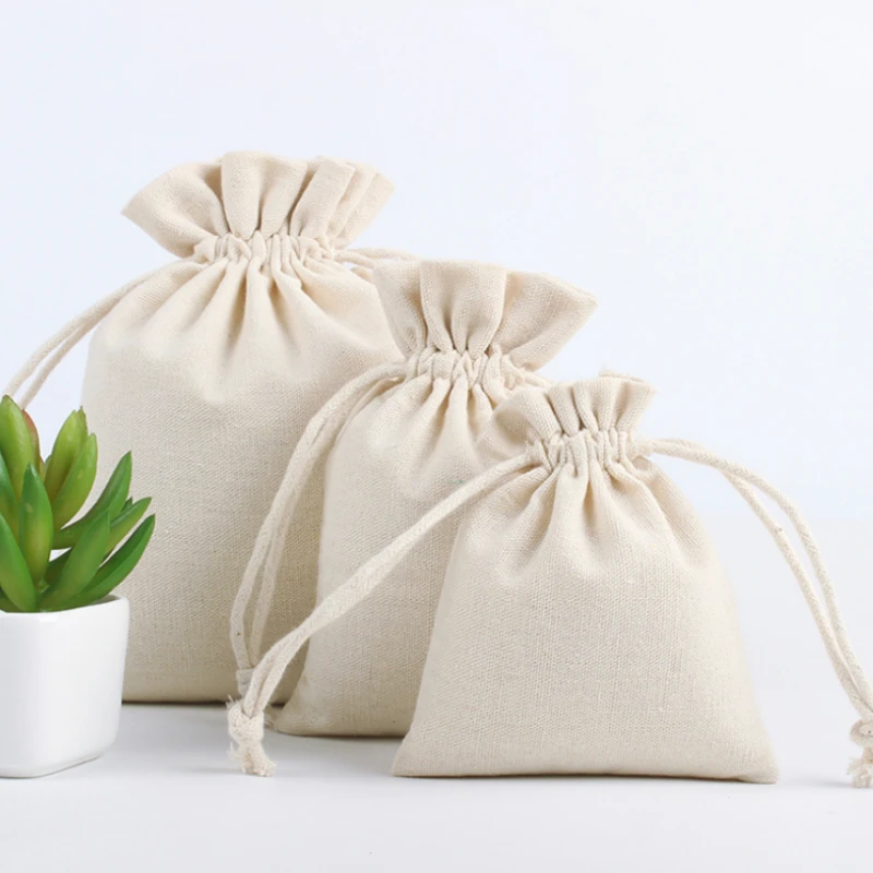 20PCS Linen Gift Bags Cotton Jute Drawstring Pouch Packing Jewelry Makeup Party Wedding Candy Wrappling Reusable Sack Print Logo