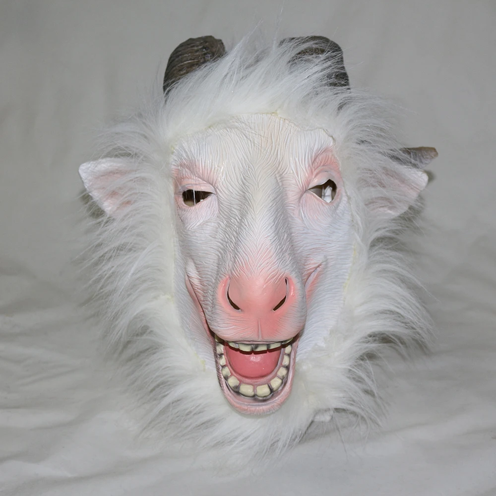 Latex Goat Mask with Horns Ram Animal Head Adult Halloween Costume Face Disguise White