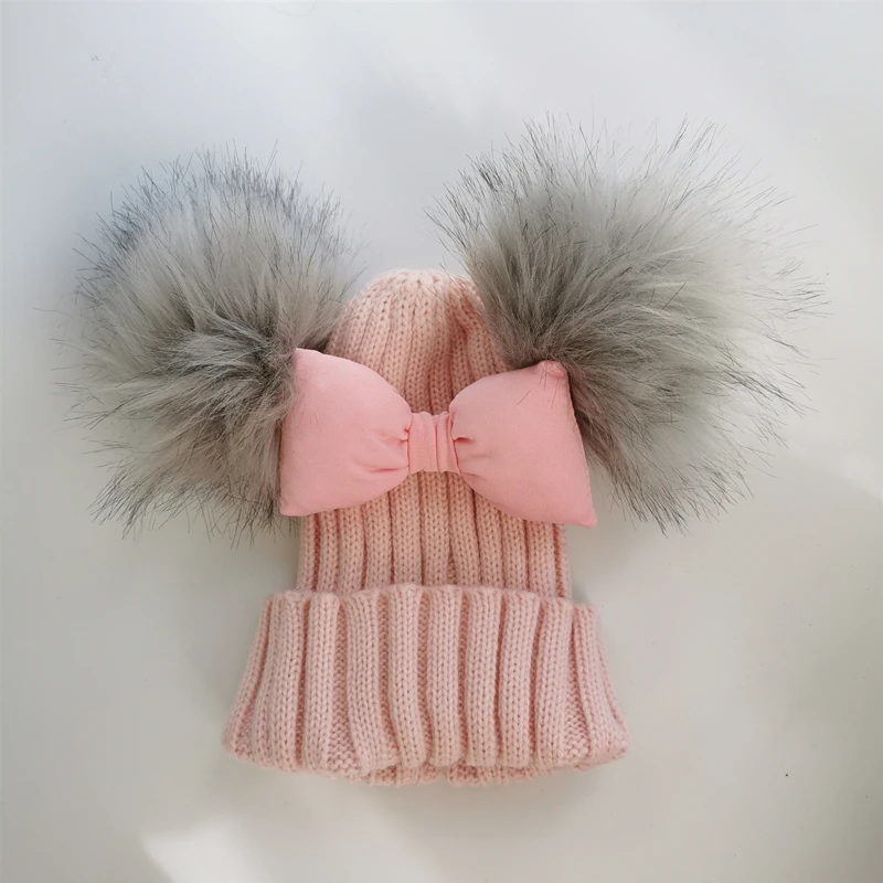 newborn winter toddler baby kids bow tie Butterfly Knot Melamed hat cap beanie with 2 pom poms ears for boys and girls props