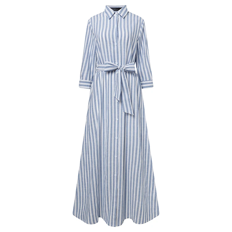 ZANZEA Fashion Autumn Long Sleeve Buttons Maxi Long Dress Elegant Women Lapel Neck Striped Dress Sundress Shirt Vestidos Femme