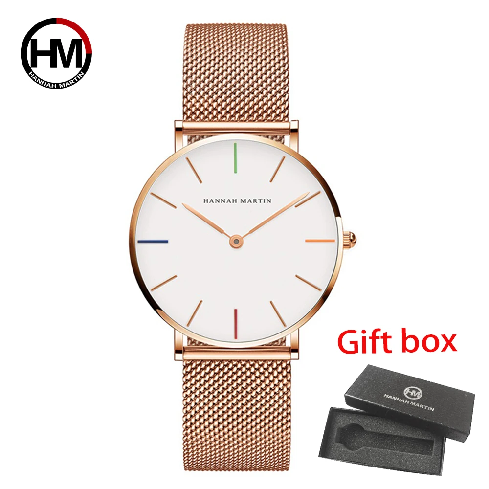 Hannah Martin Minimalist Stainless Steel Band Japan Quartz Movement Waterproof Women Full Rose Gold Ladies Luxury Wrist Watch