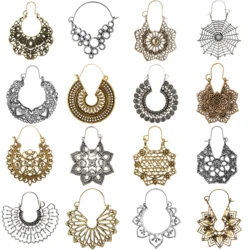 docona 15 Style Vintage Antique Silver Color Earrings for Women Hollow Carve Flowers Gypsy Tribal Ethnic Dangle Earrings серьги