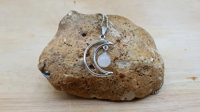 Crescent moon Moonstone Pendant. Crystal Reiki jewelry. June's Birthstone. White 8mm stone. crystals