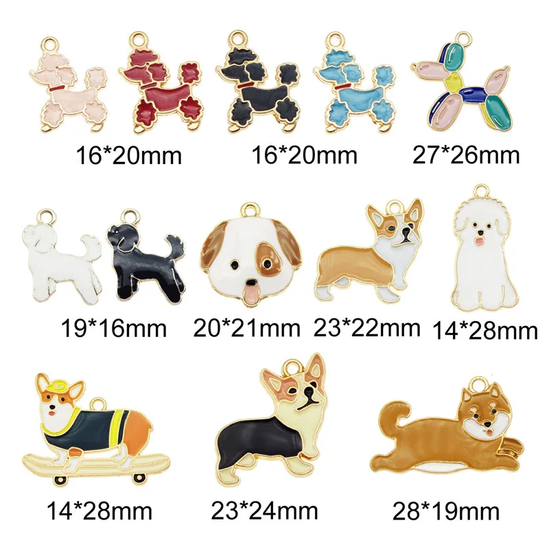 Julie Wang 13PCS Enamel Dog Charms Mixed Corgi Poodle Teddy Shiba Alloy Animal Pendants Jewelry Making Necklace Accessory