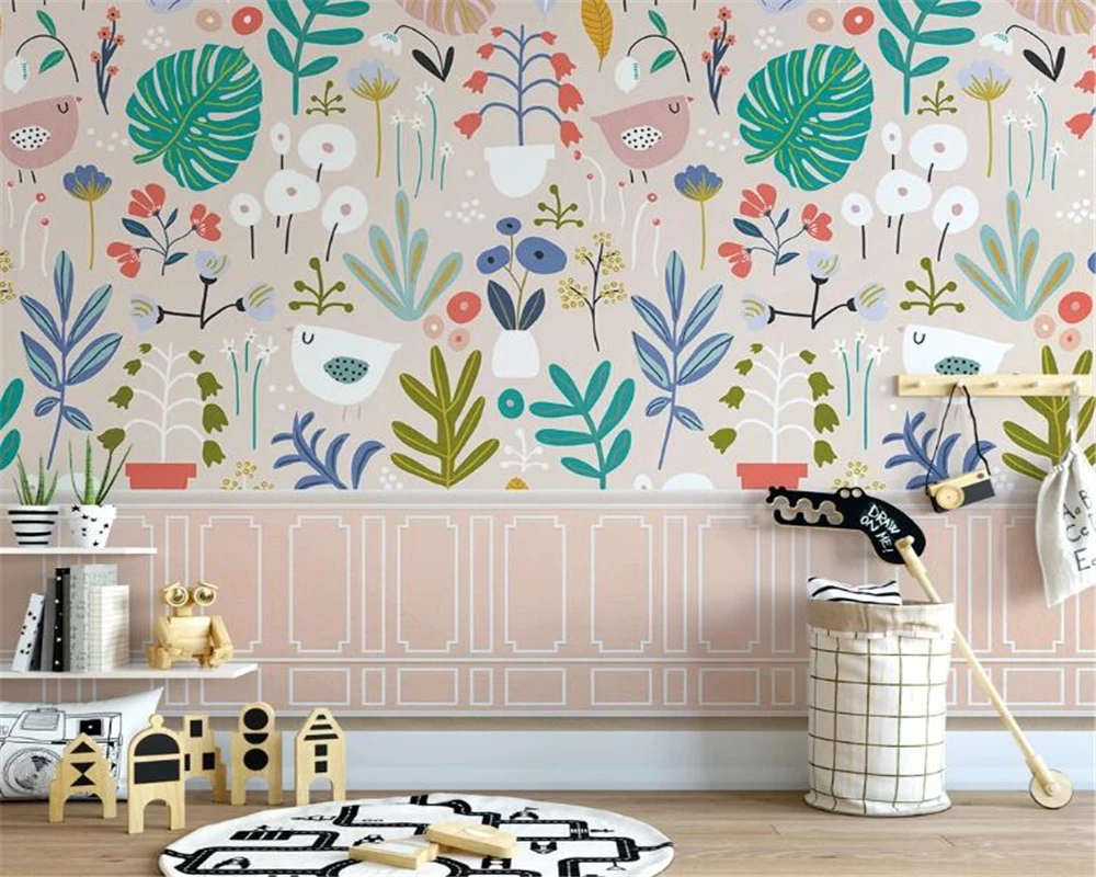 Custom wallpaper pink cartoon tree cute small fresh leaves children room background wall mural home decoration 3d wallpaper