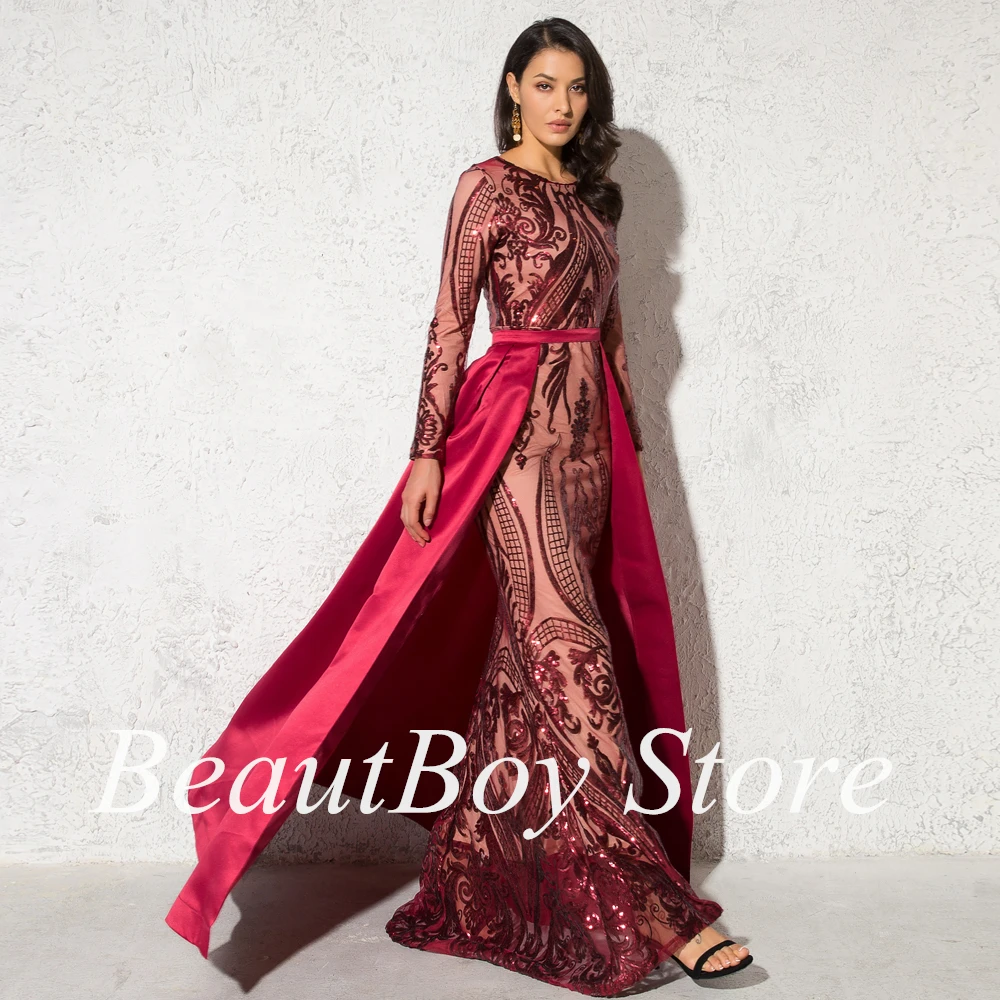 Full Sleeved Evening Dress O Neck Stretchy Floor Length Ball Party Gown with Detachable Train robe de soirée femme vestidos 2022