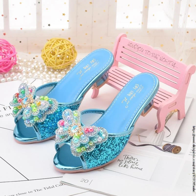 Disney Girls Slipper Rhinestone Butterfly Latin Dance Kids Shoes Children High Heel Princess Shoes Glitter Leather Party Wedding