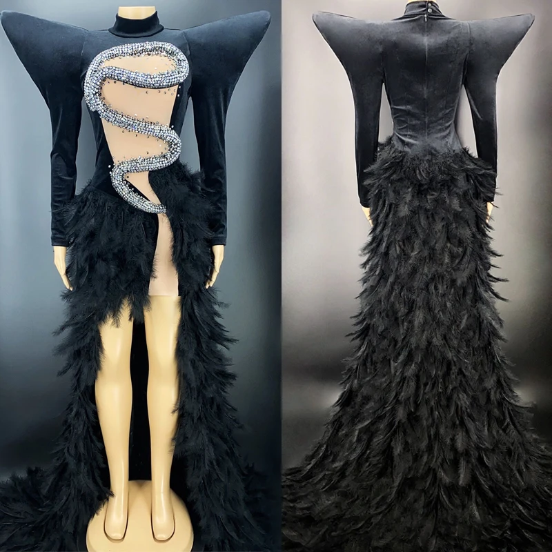 After party evening Dress Luxury stage show Singer long Black Velvet Rhinestone Feather Trains Dresses Nightclub dance Costume