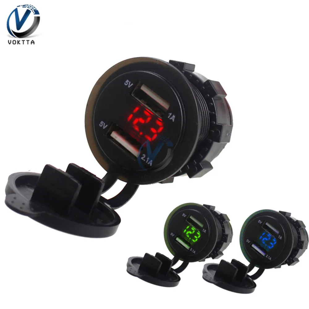 Car Charger Dual USB Port Multifunction LED Digital display Voltmeter Waterproof Mobile Phone Smart Charging Socket Adapter