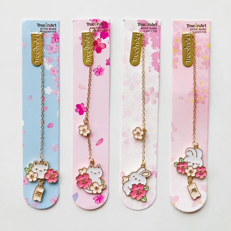 Marcapáginas de cadena colgante de aleación de conejo Sakura romántico, marcador de página, suministro de oficina escolar, 1 unidad