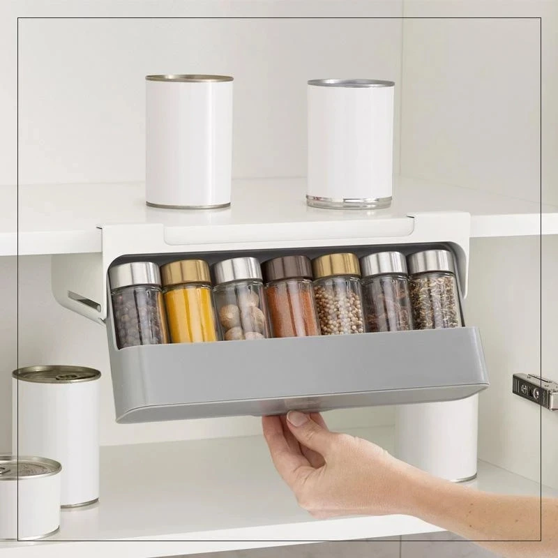 Under-Shelf Spice Organizer Seasoning Bottle Storage Rack Cabinet Kitchen Jars Spice Punch-free Bottle Storage Holder Dropship