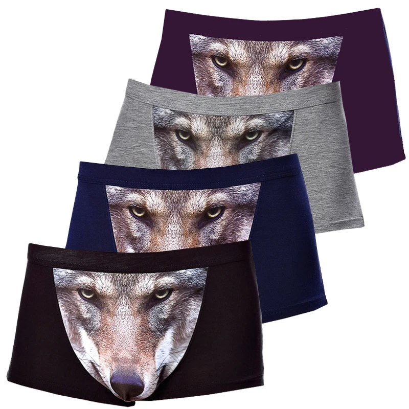 4pcs/lot Men's Panties With Wolf Men's Boxer Briefs Funny Men Underpants Modal Soft Mens Underwear 3D Bulge Pouch Boxers Man