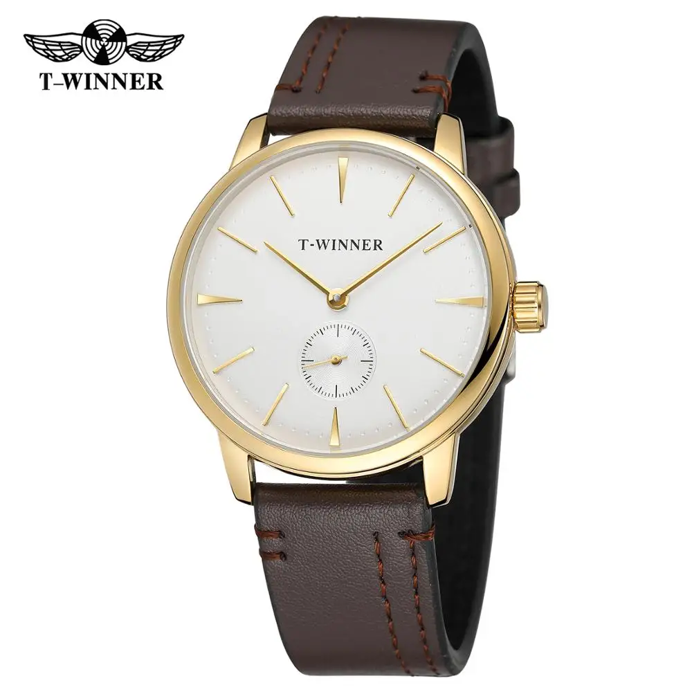 T-WINNER Fashion simple casual men\'s and women\'s wrist watch white dial gold case dark brown leather strap mechanical watch