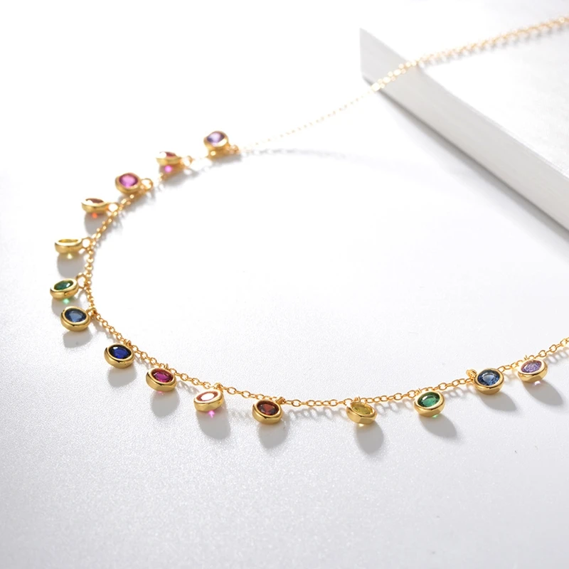 YIZIZAI 925 Sterling Silver Rainbow Round Colorful gemstone Chain Clavicle Necklace For Women Wedding European Fashion Jewelry