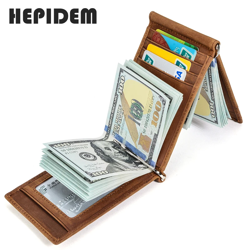 HEPIDEM RFID High Quality Crazy Horse Genuine Leather Slim Wallet 2020 New Front Pocket Money Dollar Bill Purse for Men HW2020