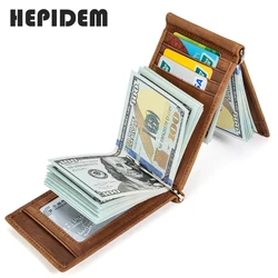 HEPIDEM RFID High Quality Crazy Horse Genuine Leather Slim Wallet 2020 New Front Pocket Money Dollar Bill Purse for Men HW2020