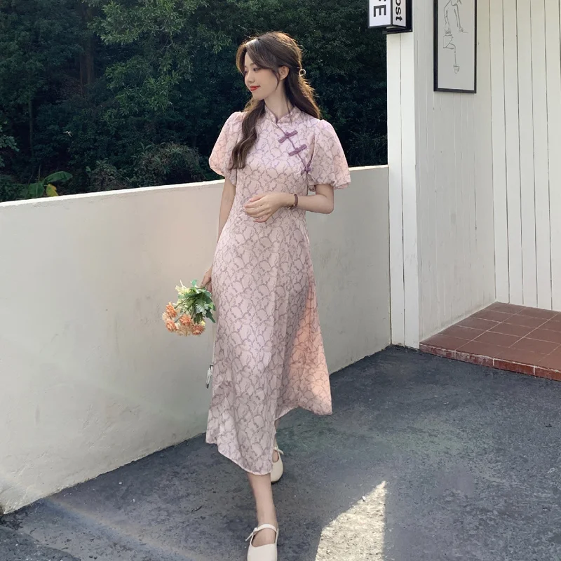 

Chiffon Elegant Cheongsams Summer New Chinese Style Floral Printing Puff Sleeve Slim Soft Thin Long Dresses Vintage Gentle Qipao