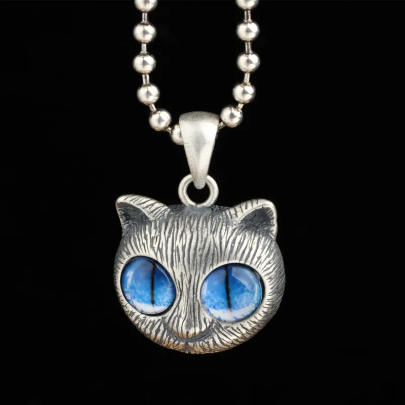 

S925 sterling silver big-eyed cute cat pendant devil's eye male retro old Thai silver personality pendant female