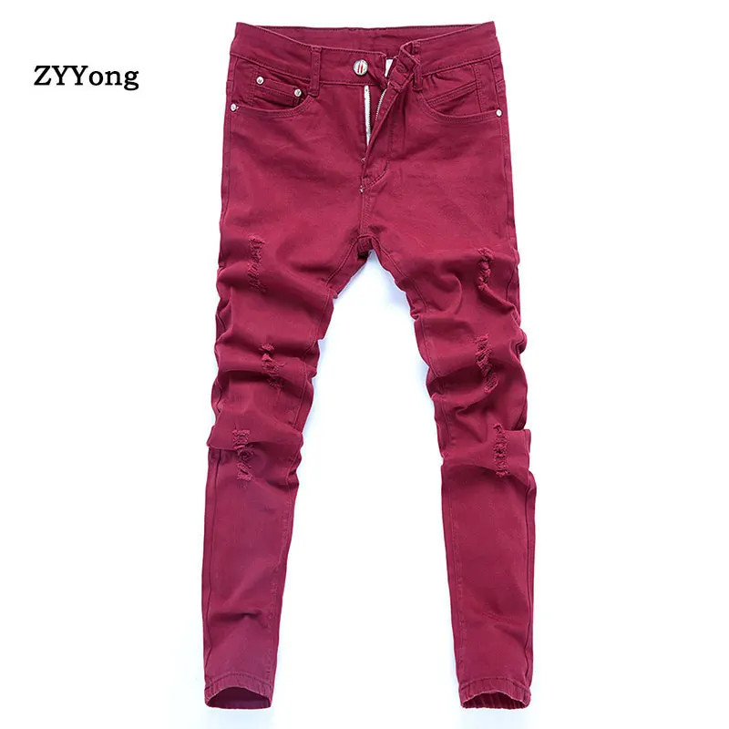 Skinny Jeans Men Red Ripped Fashion Casual Slim Fit Biker Jeans Hip Hop Destroy Stretch Denim Pants Motorcycle