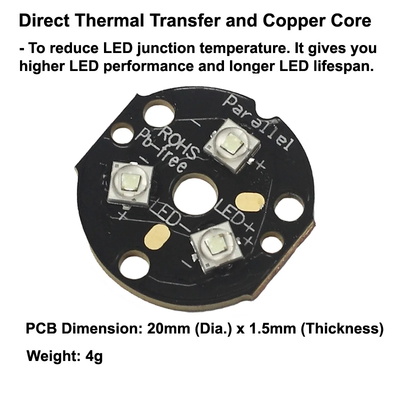 Dreifach XP-E2 grün 530nm grün smd 3535 führte auf 20mm dtp kupfer mcpcb parallel mit linse taschenlampe diy jagd licht