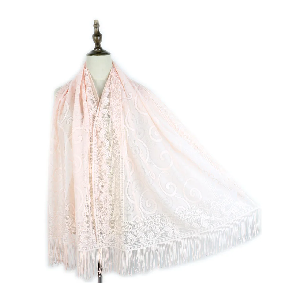 Long Lace Shawls See Through Beach Capes Wraps Summer Stoles Tassel Pure Color Muffler Hijabs Women