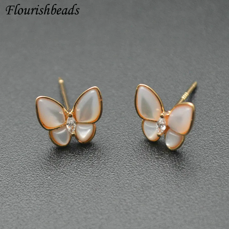 

New Design Natural Shell Butterfly Shape Metal Ear Stud Brass Jewelry Findings Gold Color Earrings Craft Making Components 20pcs