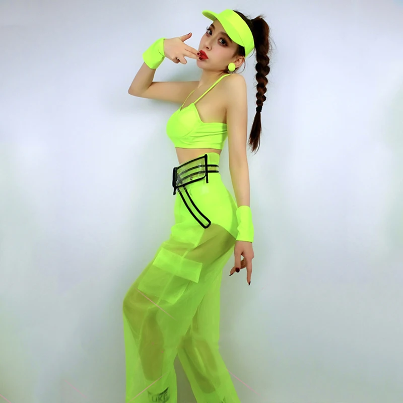 GKnitting-Tenue de brevFluorescente pour Femme, Bikini Vert, Vêtements Hip Hop, Dj, Jazz, Costume de Performance, Discothèque, Scène, ChrV15847