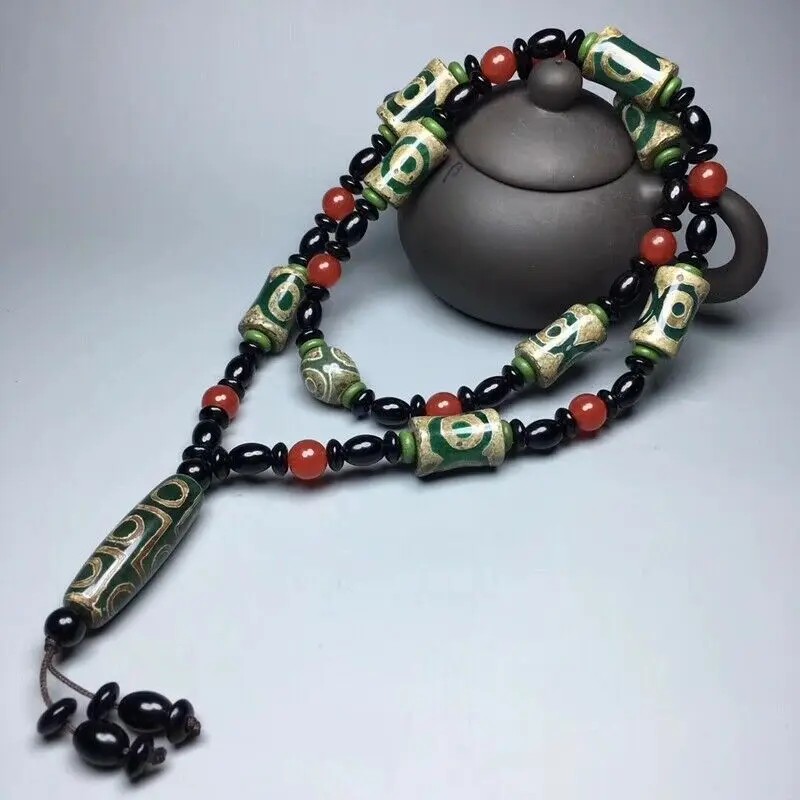 Exquisite old green agate three eyes nine eyes dZi necklace pendant