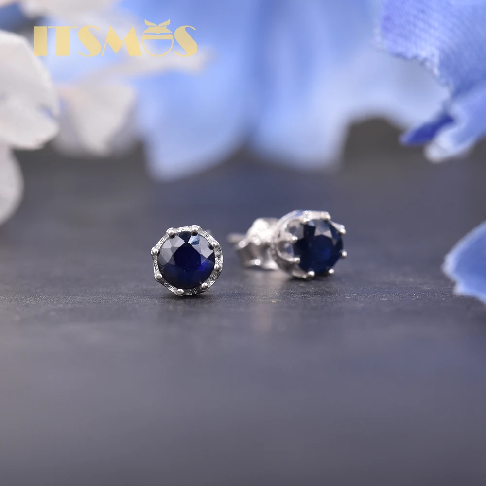 ITSMOS Solid S925 Silver Genuine Sri Lanka Sapphire Earrings CROWN Classic Women Jewelry 4mm Gemstone Luxury Crystal Stud Gift