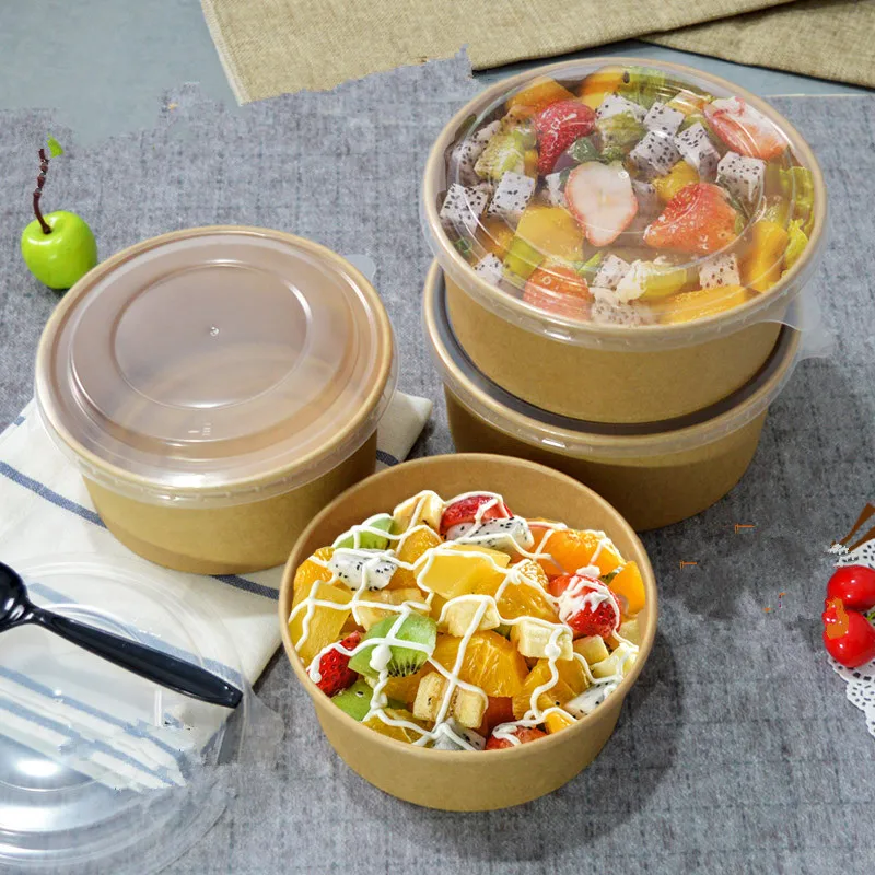 25pcs Kraft paper round paper bowl disposable salad bowl fast food container box noodle packing box takeaway fruit box lunch box