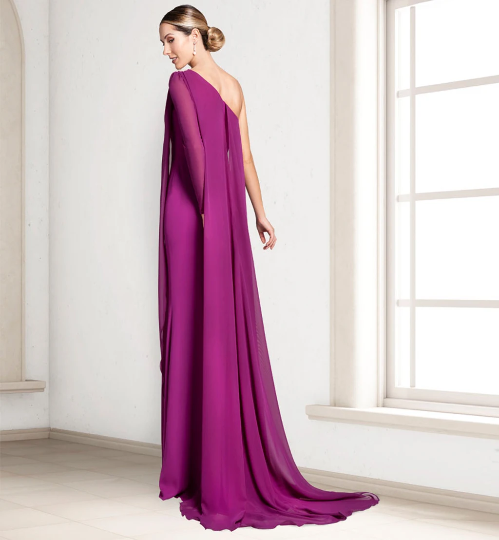 One Shoulder Long Sleeve Prom Dress Grape Elastic Satin Sheath Chiffon Floor Length Evening Gowns Dresses Formal