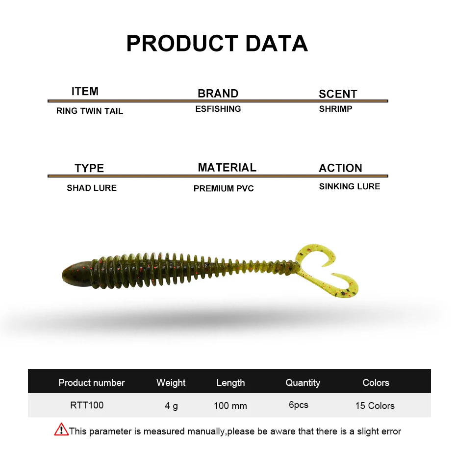 ESFISHING Swing Impact Ring Twin Tail 100mm Scent and Salts Pesca Artificial Silicone Soft Fishing Lure Grub Worm