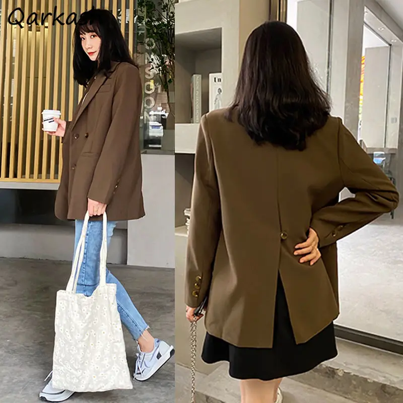 Frauen Blazer Solide Schwarz Braun Lose Casual Alle-spiel Einreiher Zurück Split Mode Koreanischen Stil Studenten Outwear Chic neue