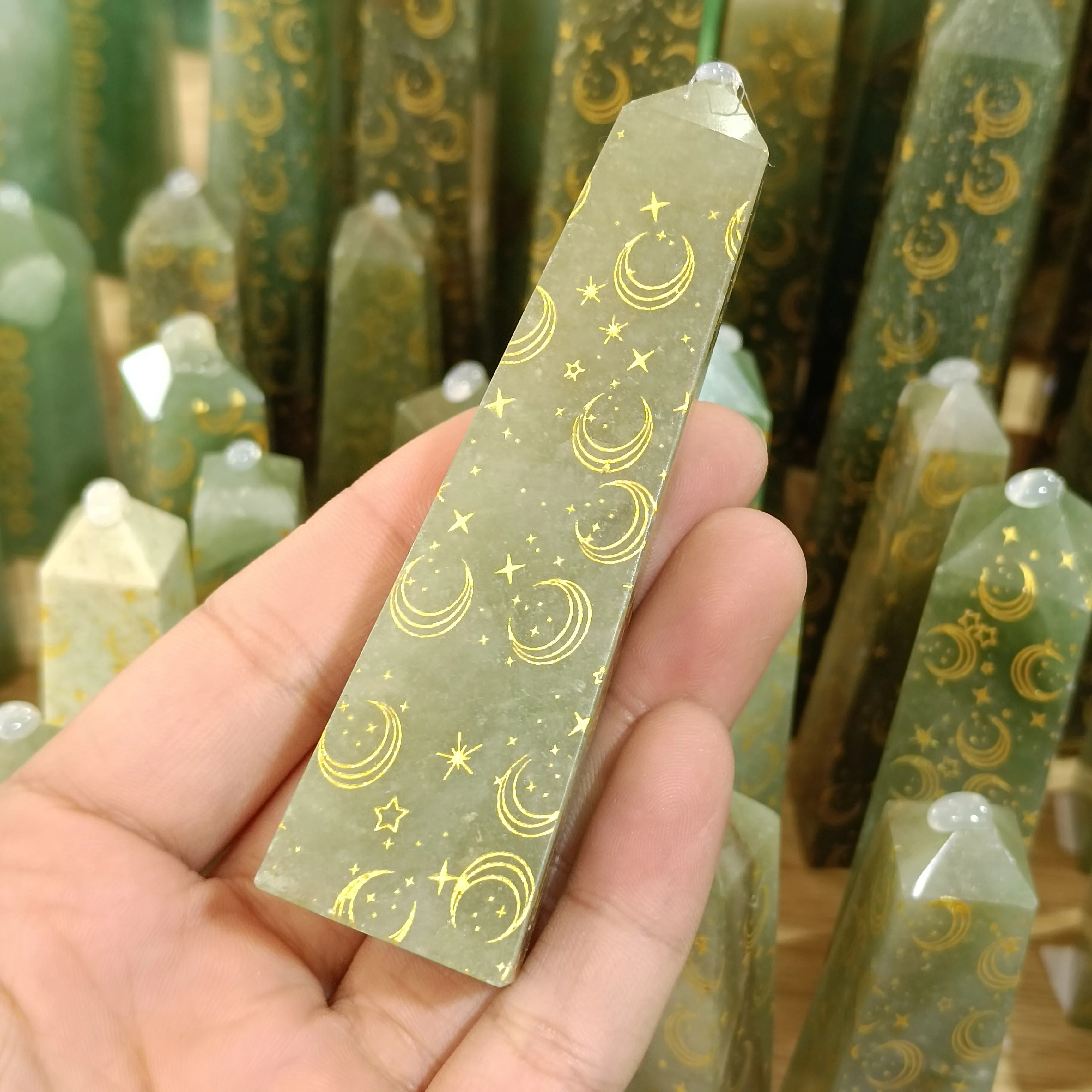 1pc Natural Quadrangular column green aventurine wand Carved gypsophila Points Collectors Meditation Reiki Healing  Home