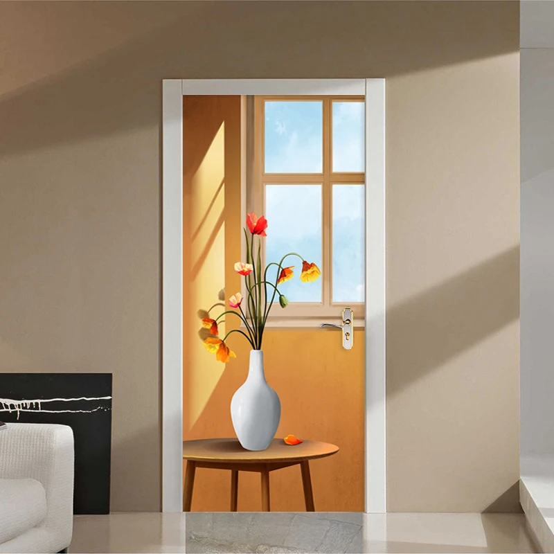 

Self-Adhesive Door Sticker 3D Sunlight Windowsill Vase Photo Wallpaper Living Room Bedroom Door Poster PVC Waterproof 3D Sticker