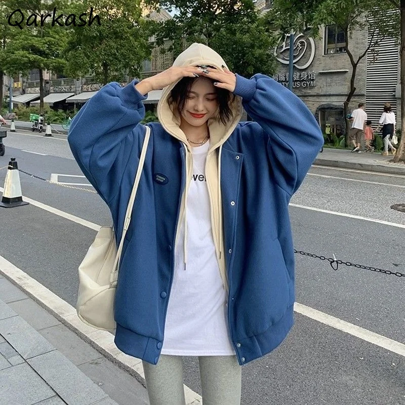 

Fake Two Pieces Jackets Women Patchwork Loose Hooded Students Couple Trendy Outwear Basic Ulzzang Single Breasted Soft All-match