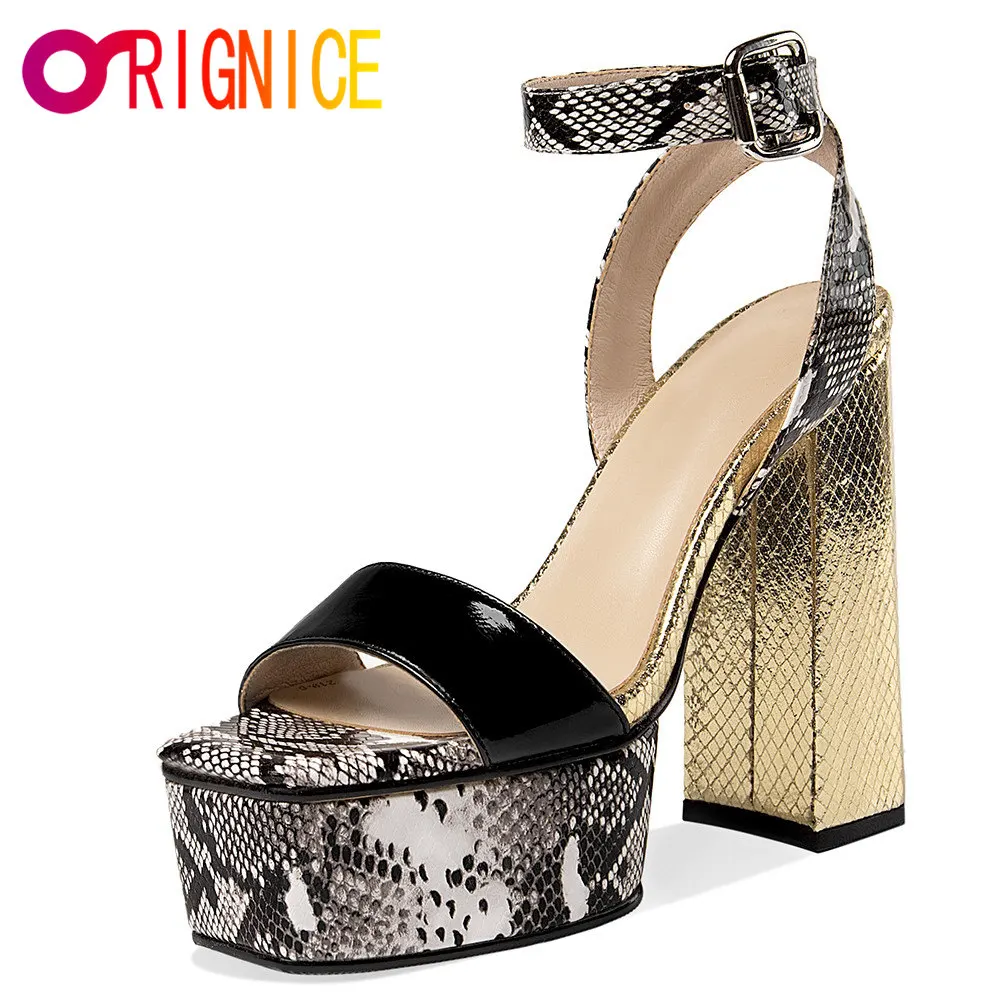 

Orignice Elegant Waterproof Platform Sandals Women Square Super High Heels 13cm Banquet Peep Toe Snake Print Cow Leather Shoes