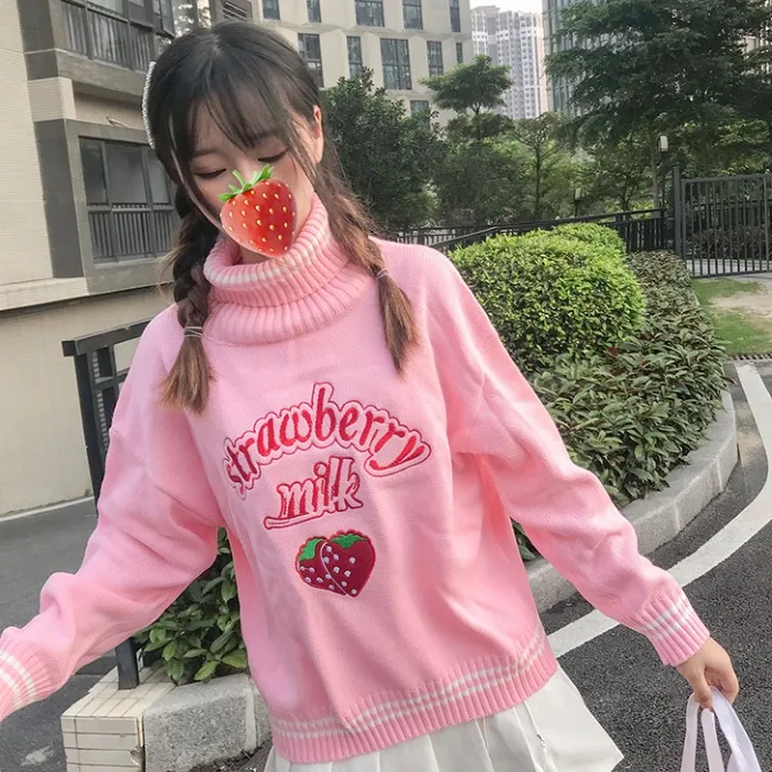 Cute Strawberry Embroidered Loose Sweater Women\'s Sweaters Japanese Kawaii Ulzzang Female Korean Harajuku Clothing For Women