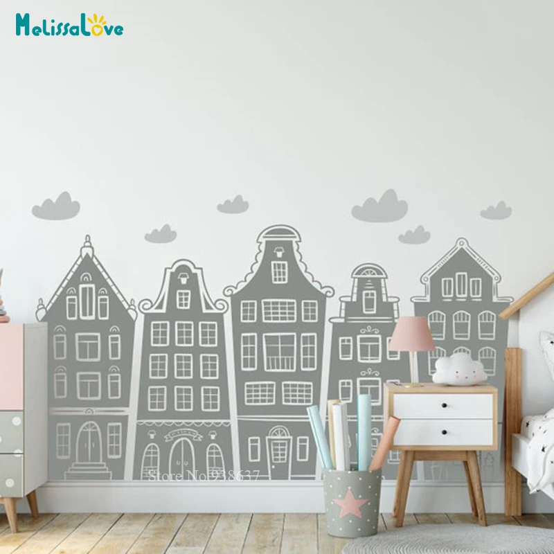 Scandinavian Houses & Clouds Decal Nursery Kids Playroom Sticker Handpainted Cartoon Houses Baby Amsterdam House Stickers BA765