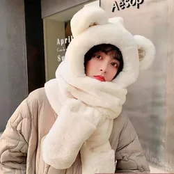 New Women Bear Ear Winter Hat Thicken Plush Warm Windproof Cute Hooded Scarf Thick Warm Soft Ear Balaclava