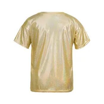 Metallic Shiny Dance T-Shirt for Kids 5 Kids Boys Girls Metallic Shiny T-shirts Top Stretchy Bright Blouse Dancewear Sparkly Jazz Hip Hop Modern Dance Tops Performance 5