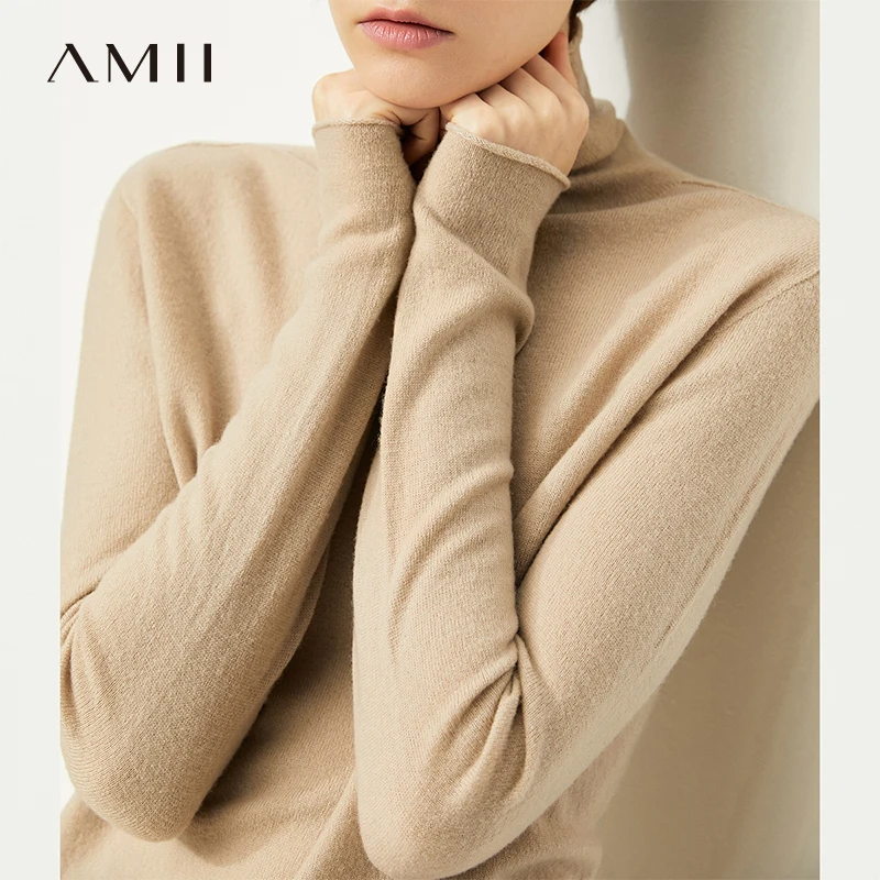 Amii 여성용 미니멀리즘 가을 스웨터, 우아한 터틀넥 풀오버, 오피스 레이디 100% 울 니트 상의, 여성 스웨터 12141002