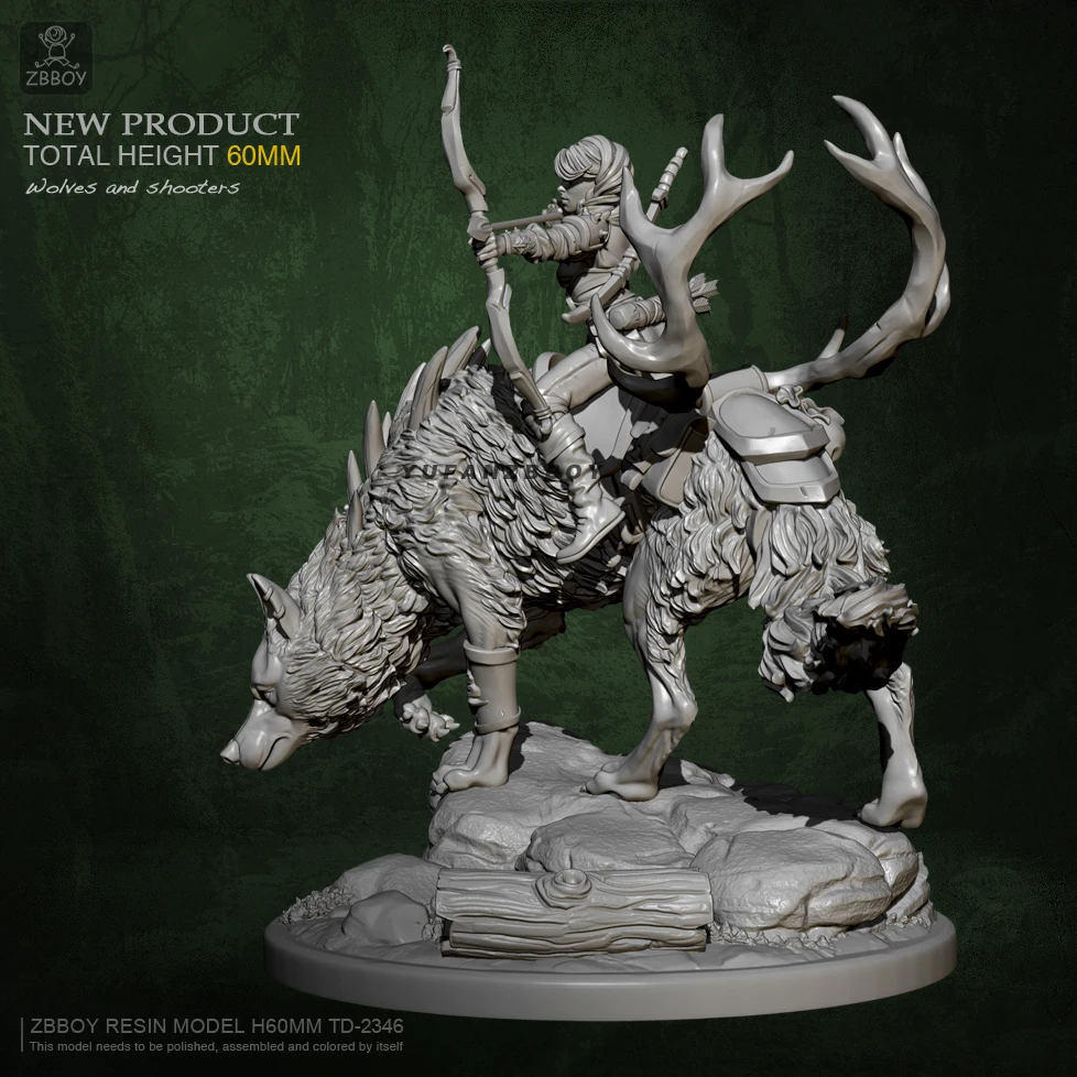 60mm Resin model Kits Riding Wolf Huntress self-assembled TD-2346