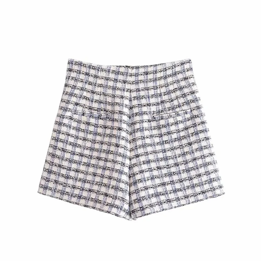 XEASY 2021 Tweed Summer Women Two-piece Set Plaid Vintage Casual Short Sleeve Blazer Female Slim High Waist Shorts Suits