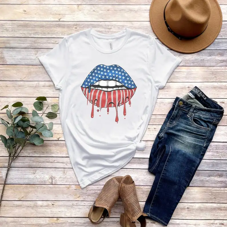 

Patriotic Lips Graphic America Fourth of July Trendy Shirt Color printed 100%cotton O Neck harajuku Streetwear Unisex Top Tees