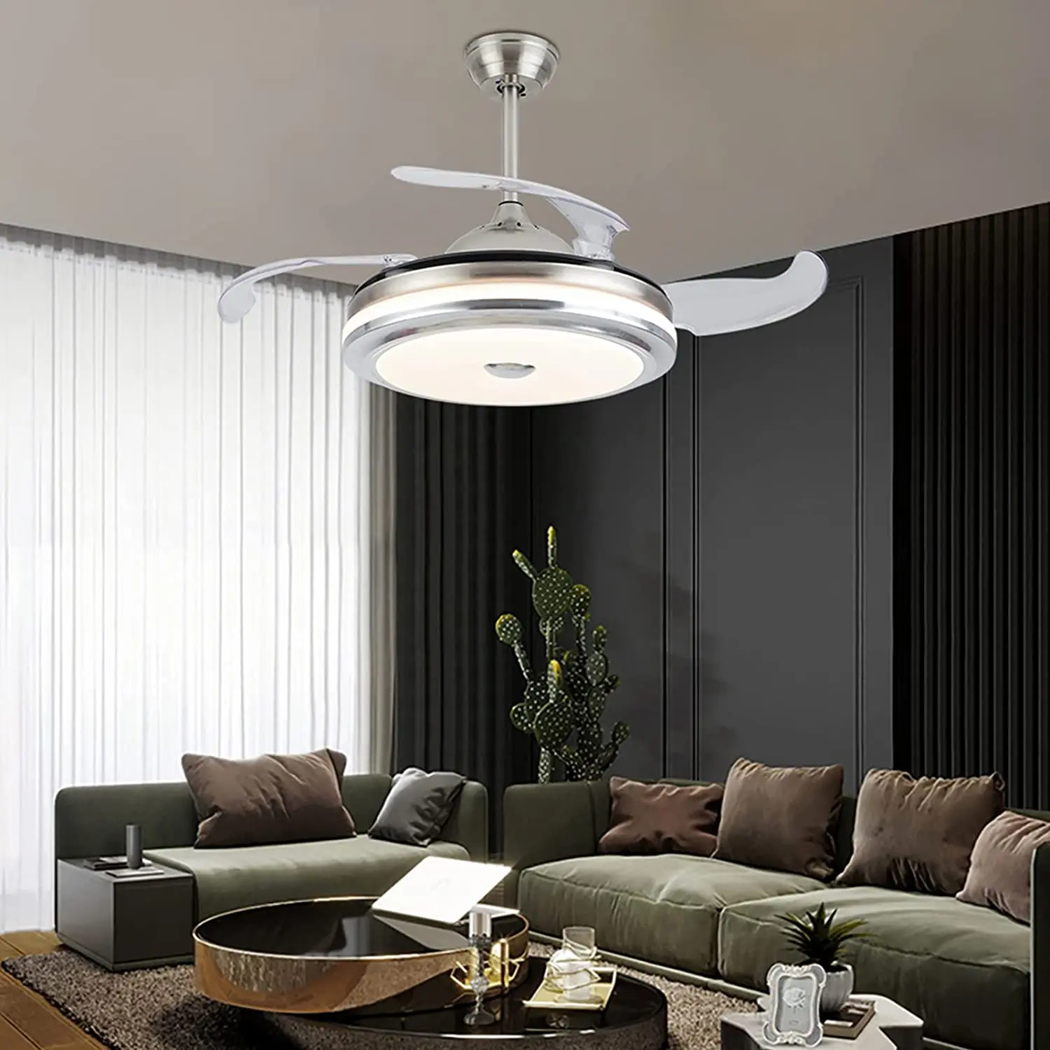 

OUKANING 42" LED Ceiling Fan Light 4 ABS Retractable Blades Modern Remote Control Chandelier 3 Speed Setting for Home Livingroom